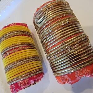 Elegant Gold and Yellow Glass Bangle Set